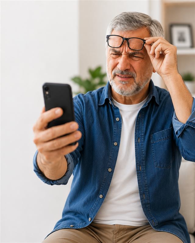 Homem afastando o celular para conseguir ler a tela